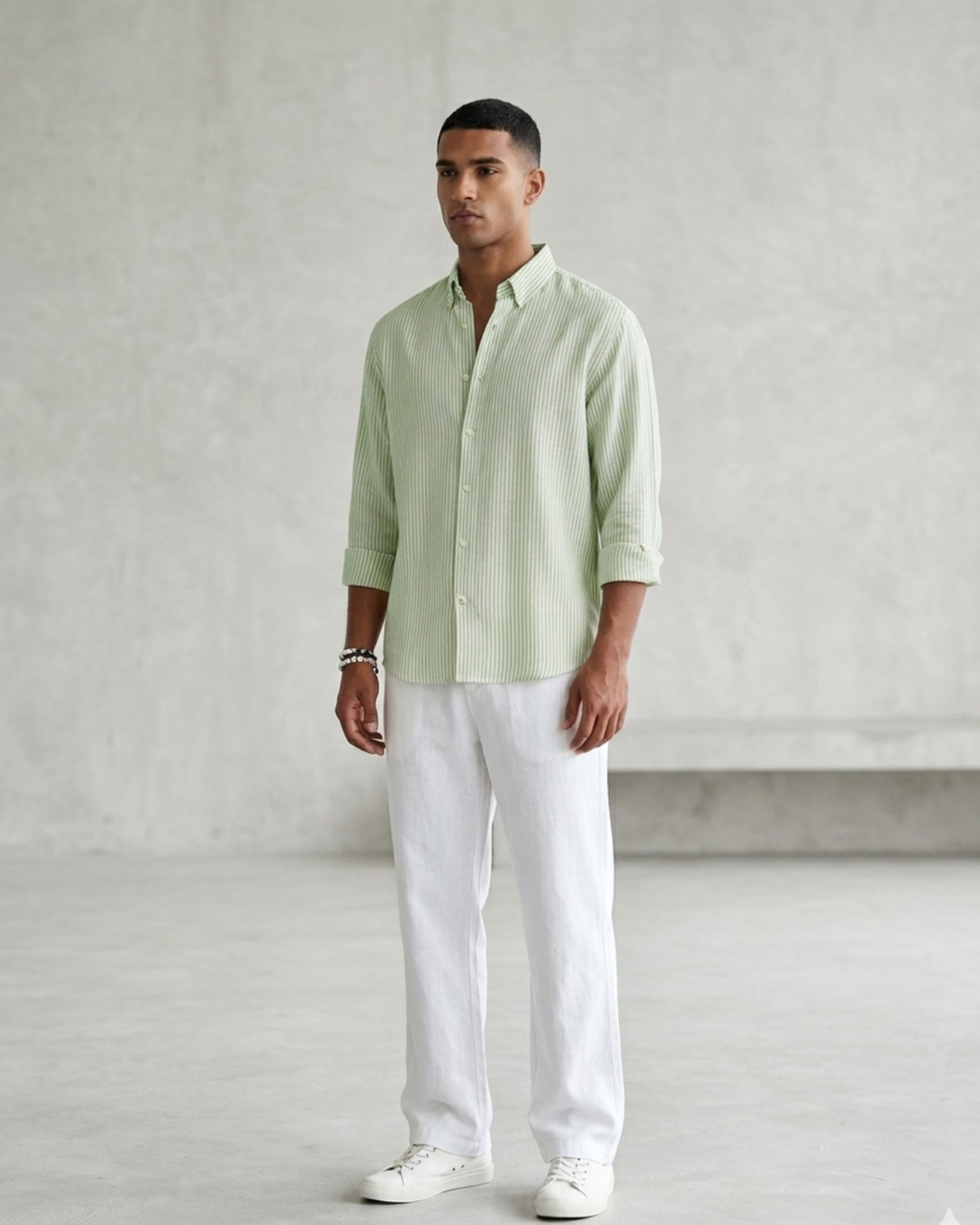 Men’s Green Striped Linen Shirt & White Loose Fit Pant Combo – Relaxed Fit | Clinza
