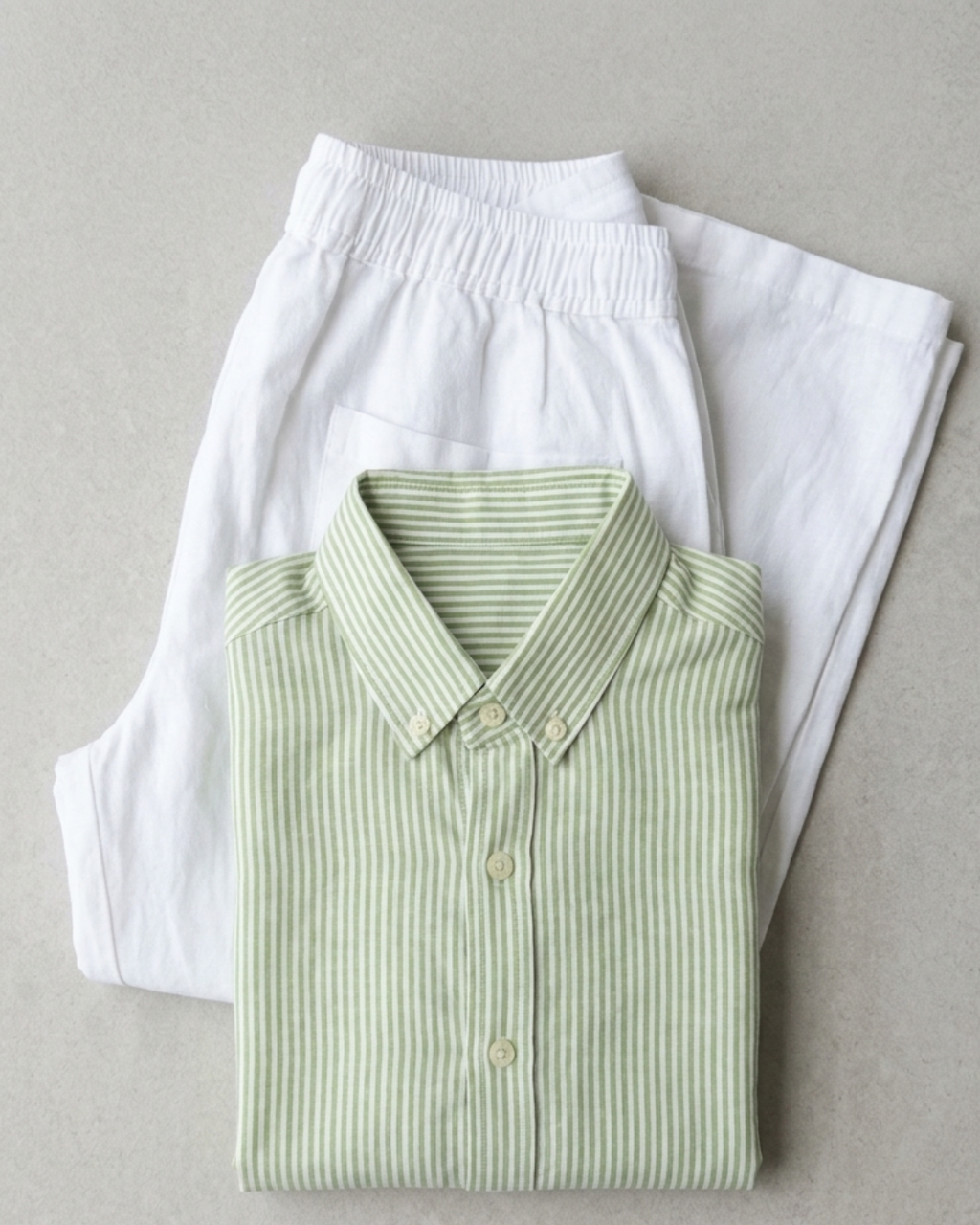 Men’s Green Striped Linen Shirt & White Loose Fit Pant Combo – Relaxed Fit | Clinza