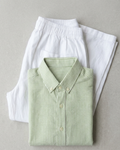Men’s Green Striped Linen Shirt & White Loose Fit Pant Combo – Relaxed Fit | Clinza