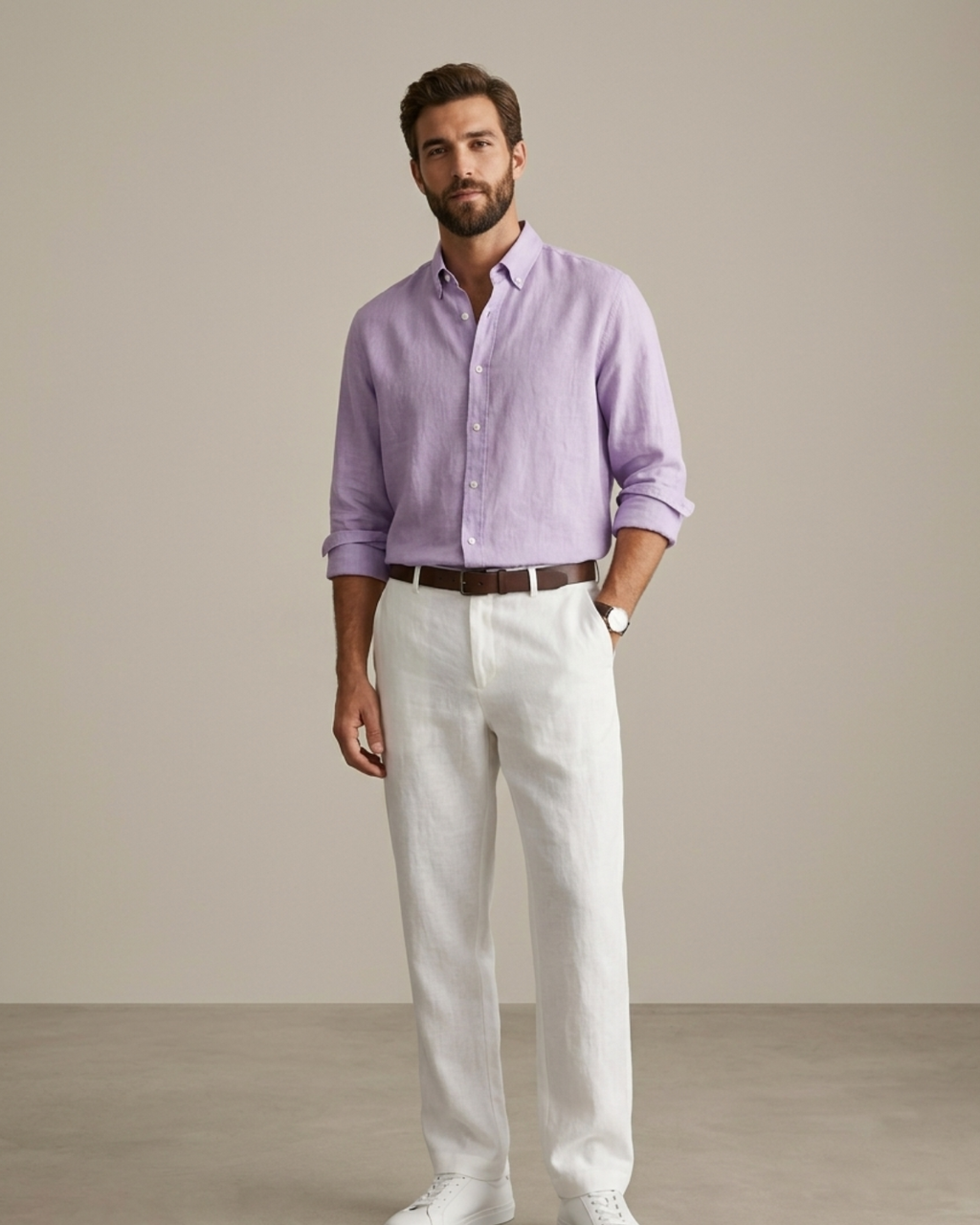 Men’s Lavender Linen Shirt & White Pant Combo – Relaxed Fit | Clinza
