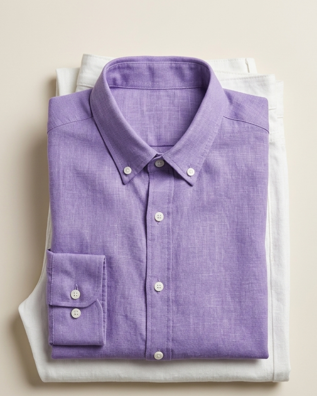 Men lavender linen shirt white pant combo relaxed fit outfit Clinza