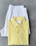 Men’s Yellow Striped Linen Shirt & White Loose Fit Pant Combo – Relaxed Fit | Clinza