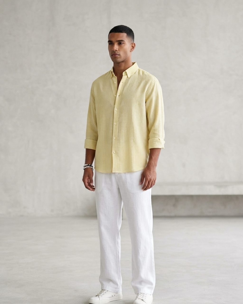 Men’s Yellow Striped Linen Shirt & White Loose Fit Pant Combo – Relaxed Fit | Clinza