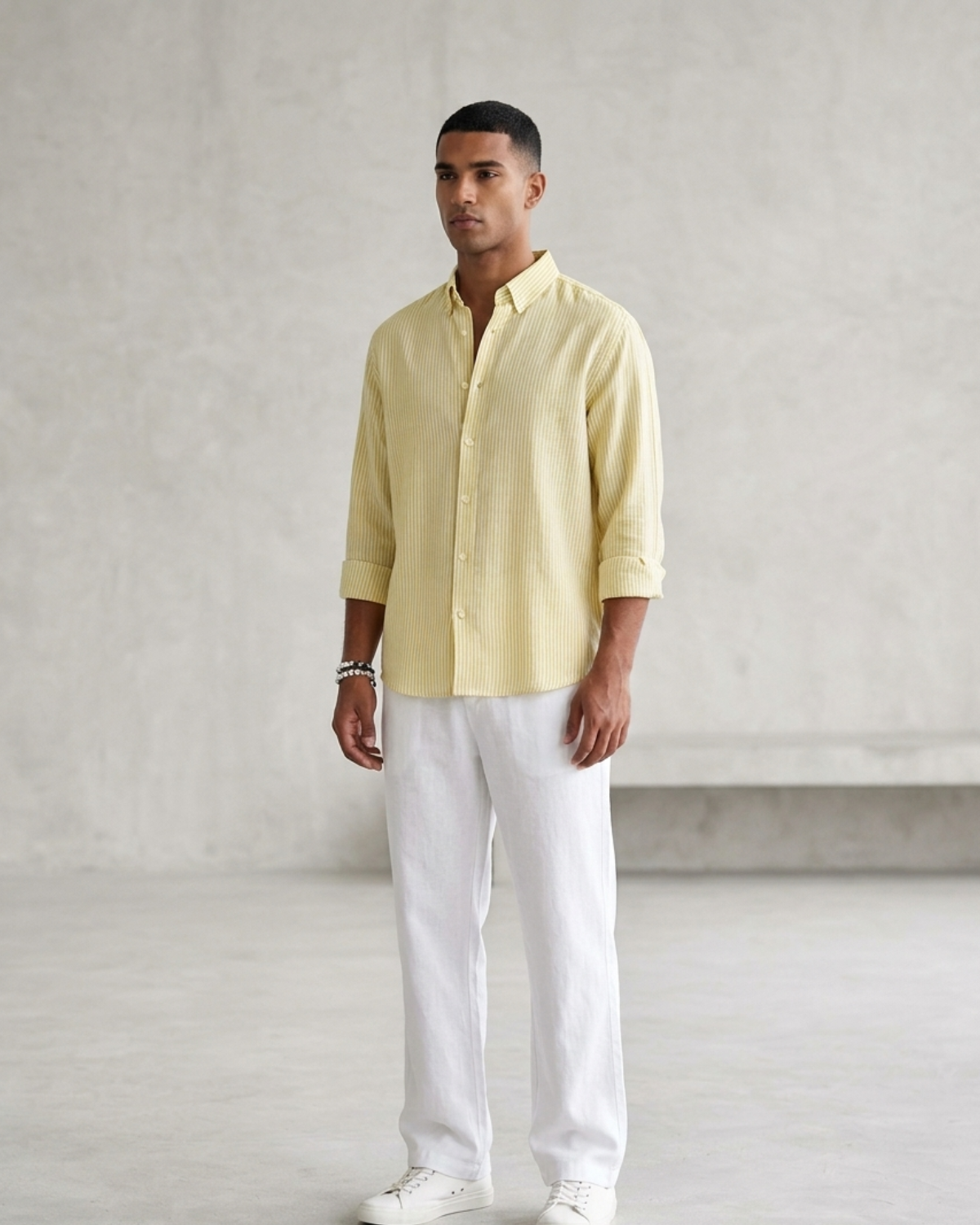 Men’s Yellow Striped Linen Shirt & White Loose Fit Pant Combo – Relaxed Fit | Clinza