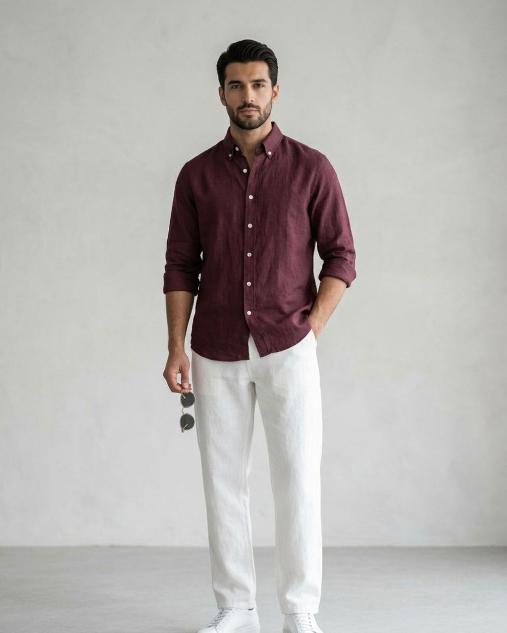 Men’s Burgundy Linen Shirt & White Linen Pant Combo – Relaxed Fit | Clinza