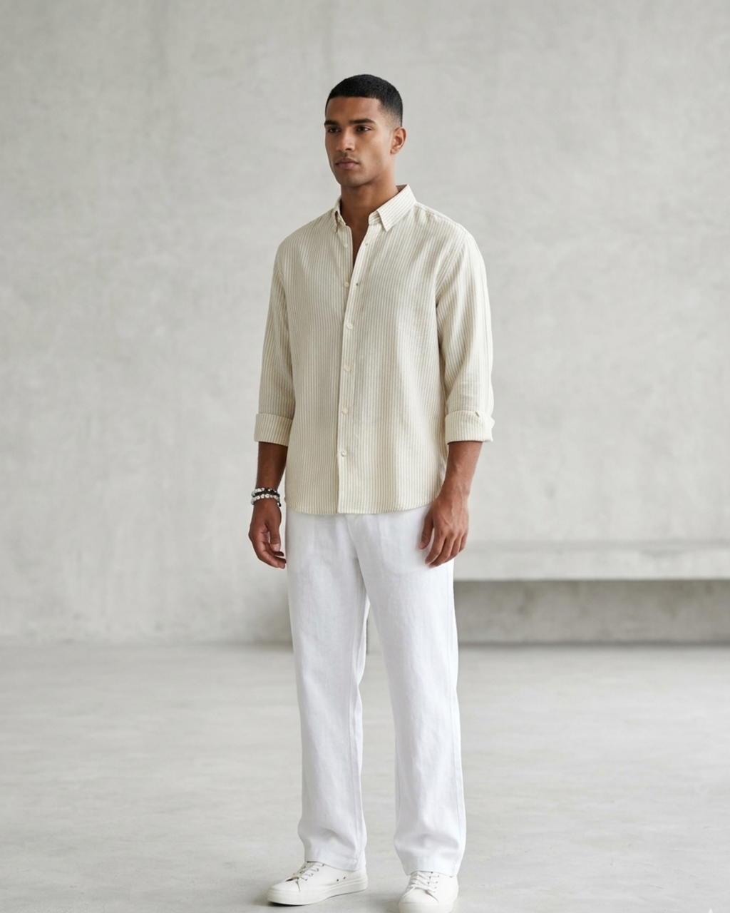 Men’s Cream Striped Linen Shirt & White Loose Fit Pant Combo – Relaxed Fit | Clinza