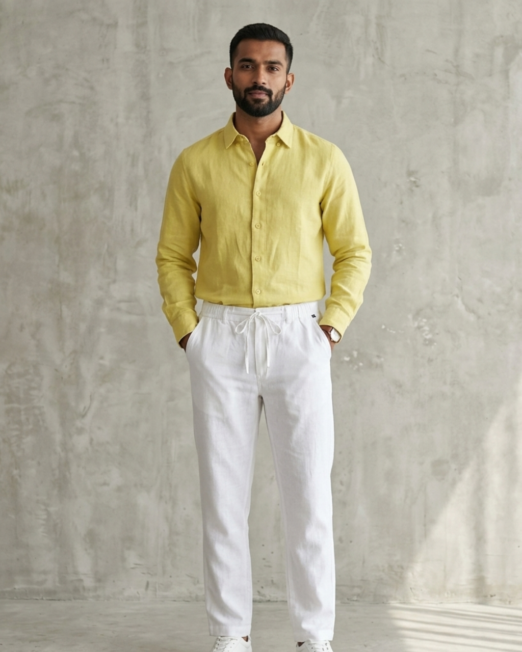 Men lemon yellow linen shirt white pant combo relaxed fit summer outfit Clinza
