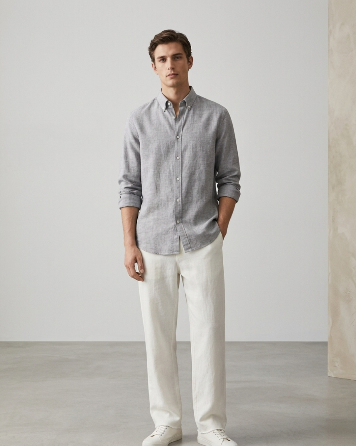 Men’s Light Grey Linen Shirt & White Loose Fit Pant Combo – Relaxed Fit | Clinza
