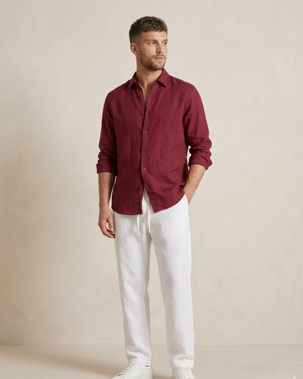 Men’s Maroon Linen Shirt & White Linen Pant Combo – Relaxed Fit | Clinza
