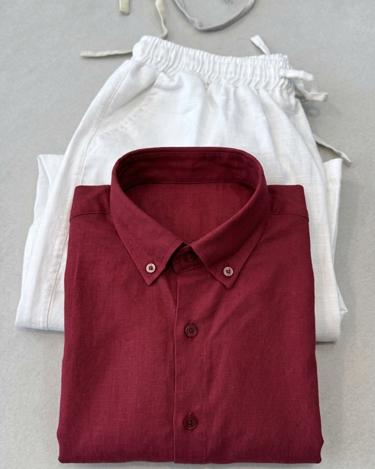Men’s Maroon Linen Shirt & White Linen Pant Combo – Relaxed Fit | Clinza