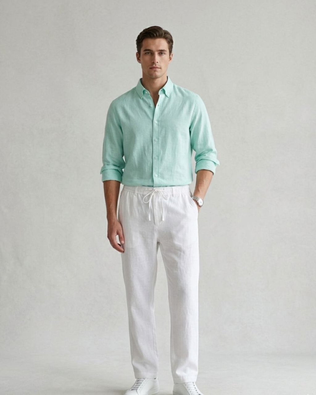 Men’s Mint Green Linen Shirt & White Linen Pant Combo – Relaxed Fit | Clinza