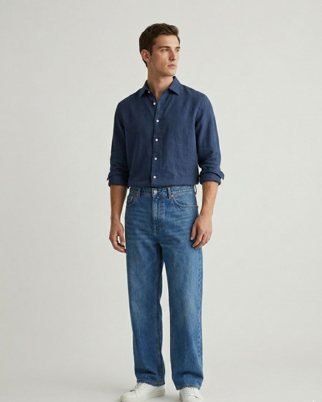 Men’s Navy Blue Linen Shirt & Blue Loose Fit Denim Jeans Combo – Relaxed Fit | Clinza