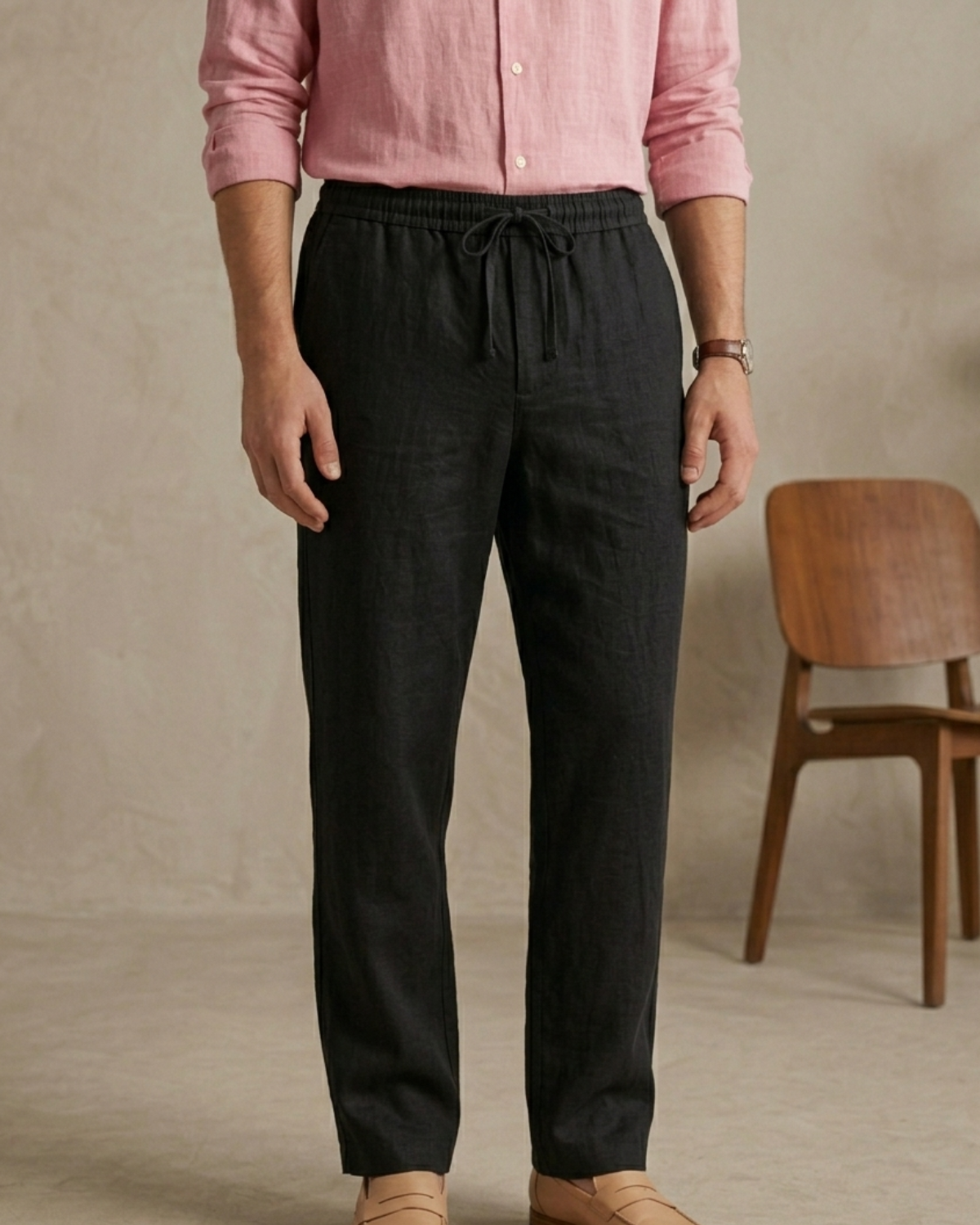 Men’s Pink Linen Shirt & Black Linen Pant Combo – Relaxed Fit | Clinza