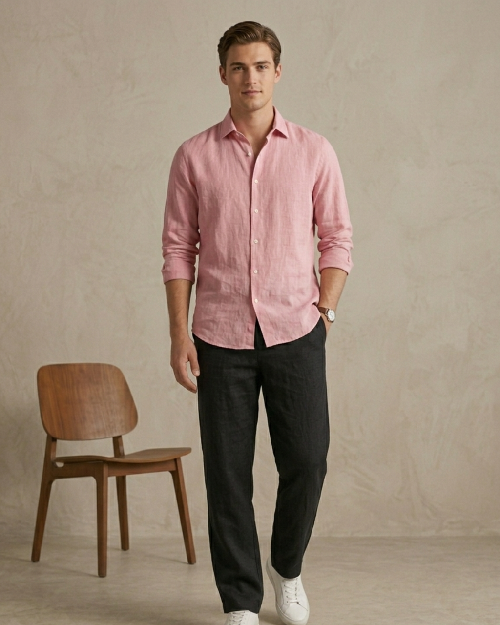 Men’s Pink Linen Shirt & Black Linen Pant Combo – Relaxed Fit | Clinza