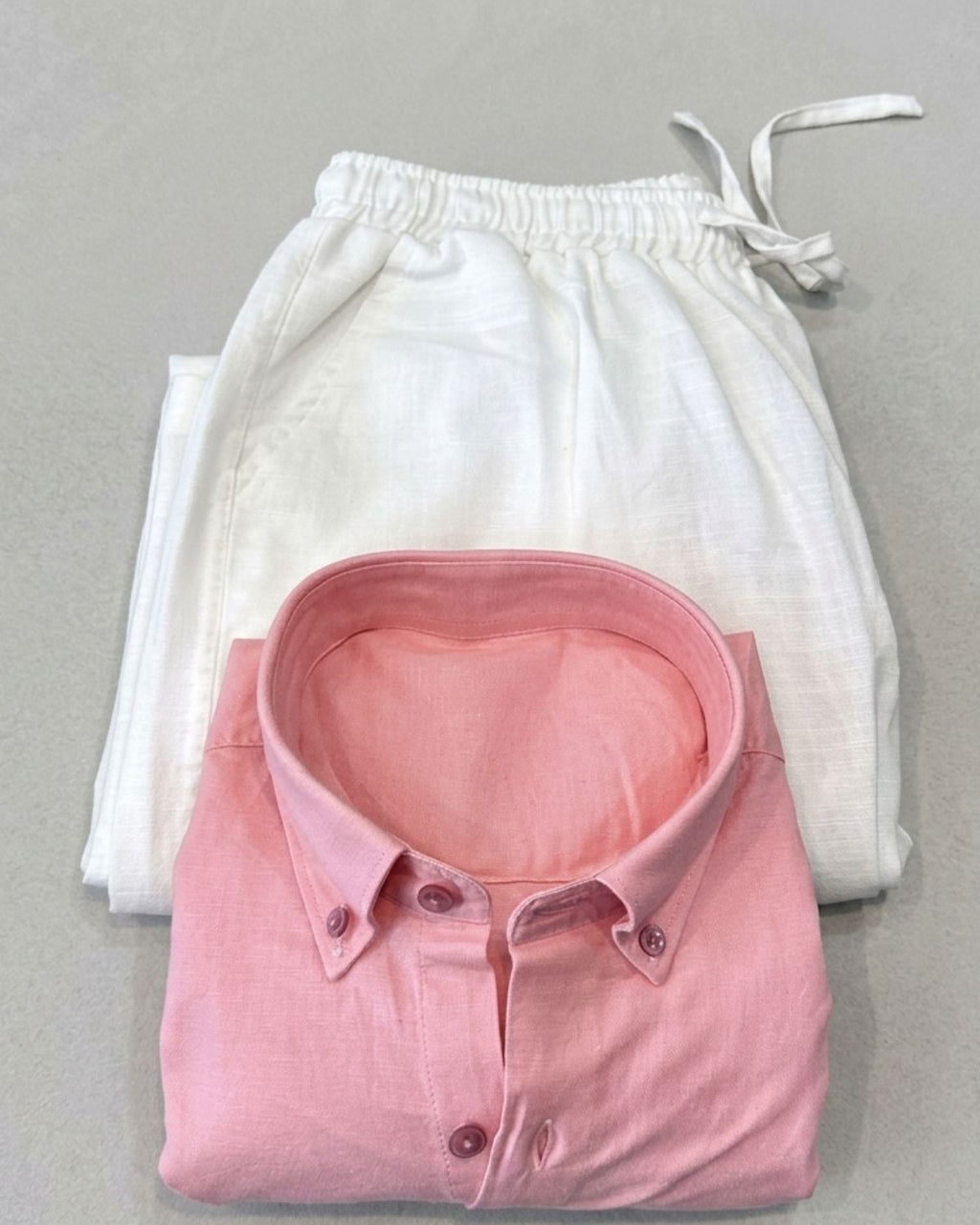 Men’s Soft Pink Linen Shirt & White Linen Pant Combo – Relaxed Fit | Clinza