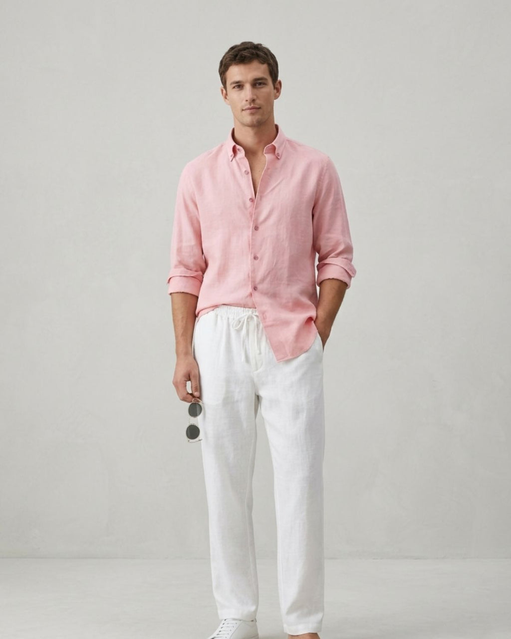 Men’s Soft Pink Linen Shirt & White Linen Pant Combo – Relaxed Fit | Clinza