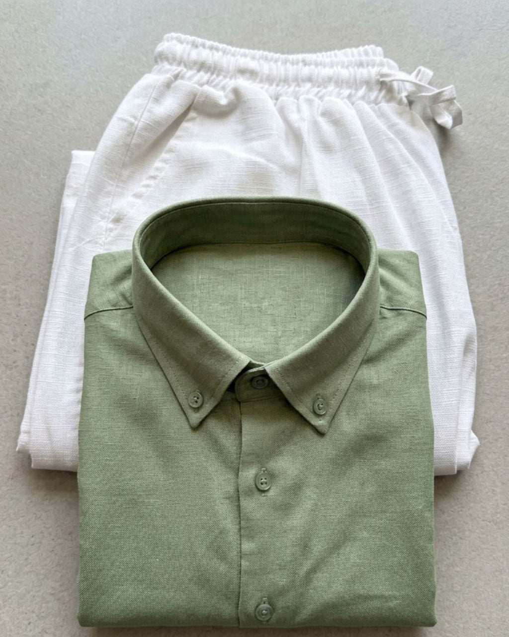 Men sage green linen shirt white pant combo relaxed fit minimal outfit Clinza