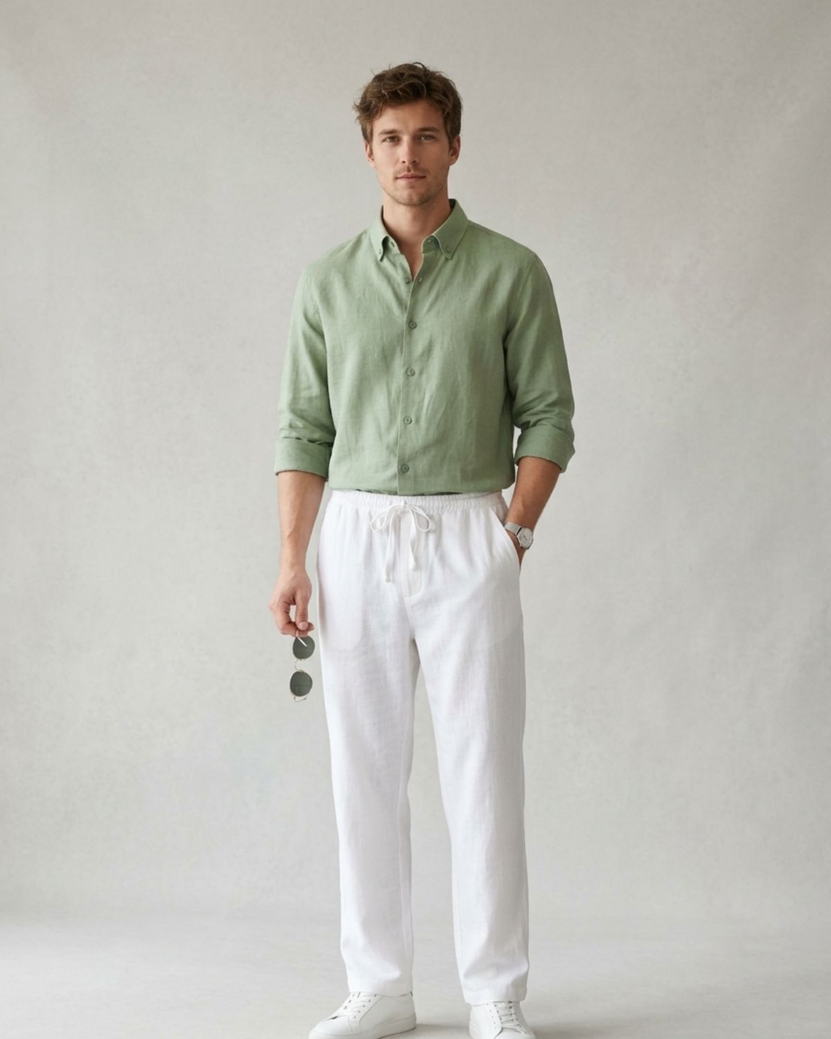 Men sage green linen shirt white pant combo relaxed fit minimal outfit Clinza