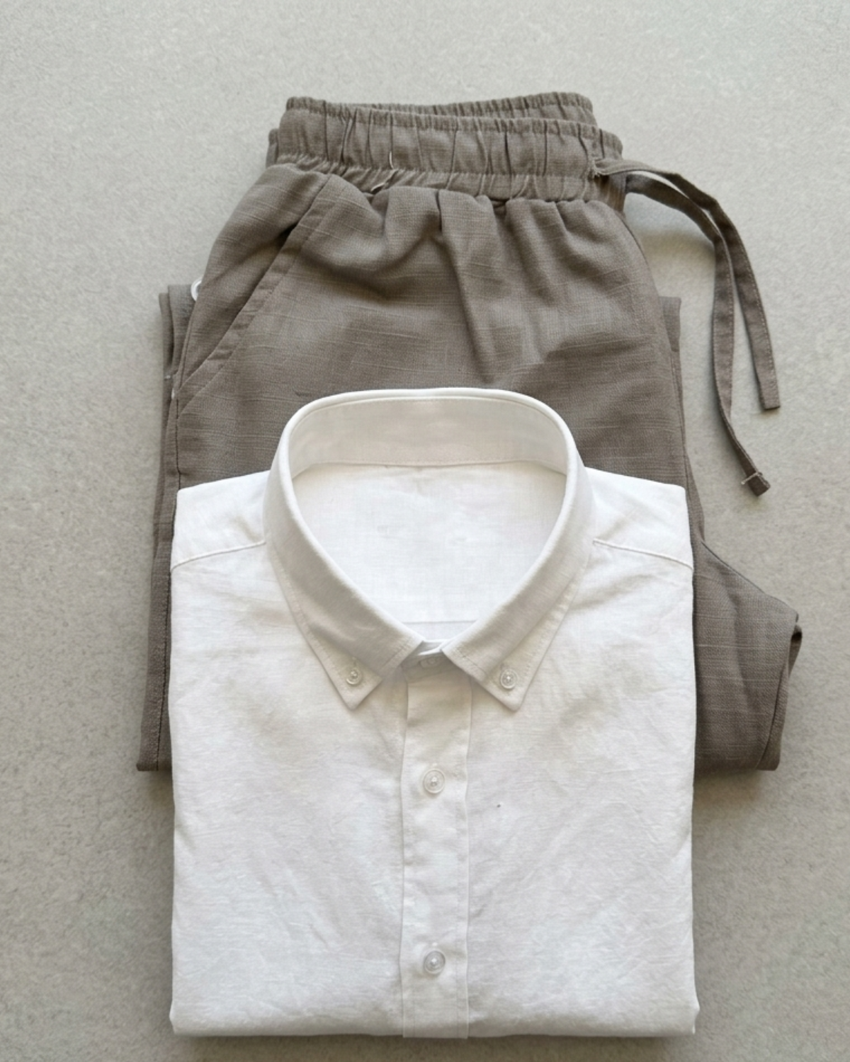 Men’s White Linen Shirt & Taupe Linen Pant Combo – Relaxed Fit | Clinza
