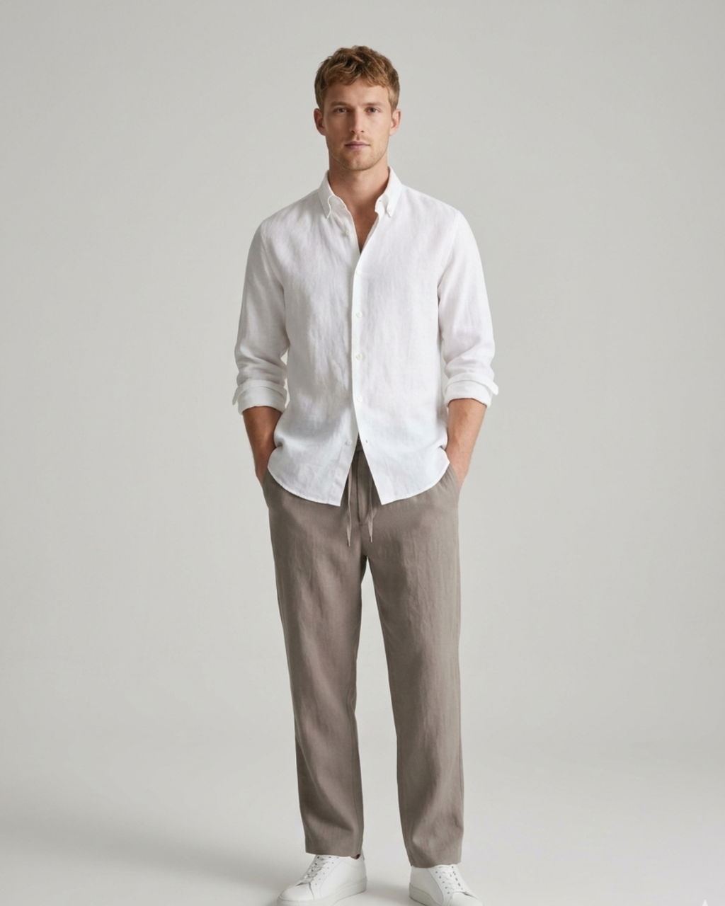Men’s White Linen Shirt & Taupe Linen Pant Combo – Relaxed Fit | Clinza