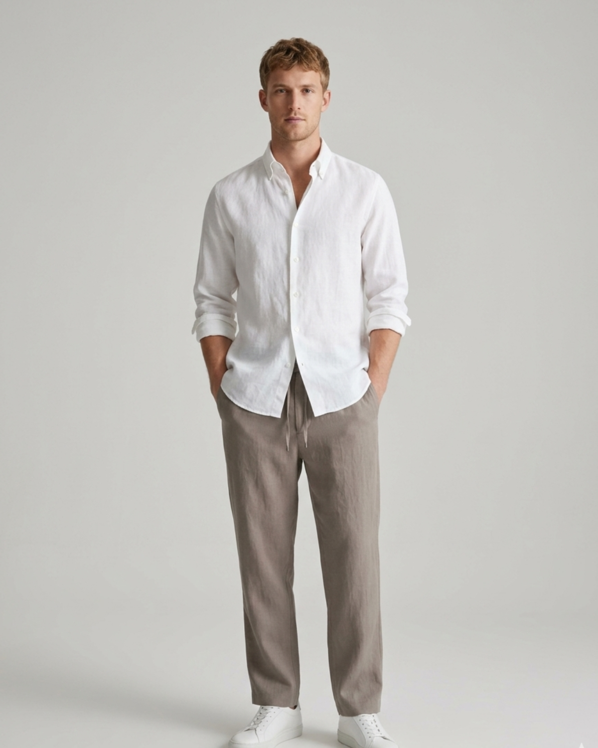 Men’s White Linen Shirt & Taupe Linen Pant Combo – Relaxed Fit | Clinza